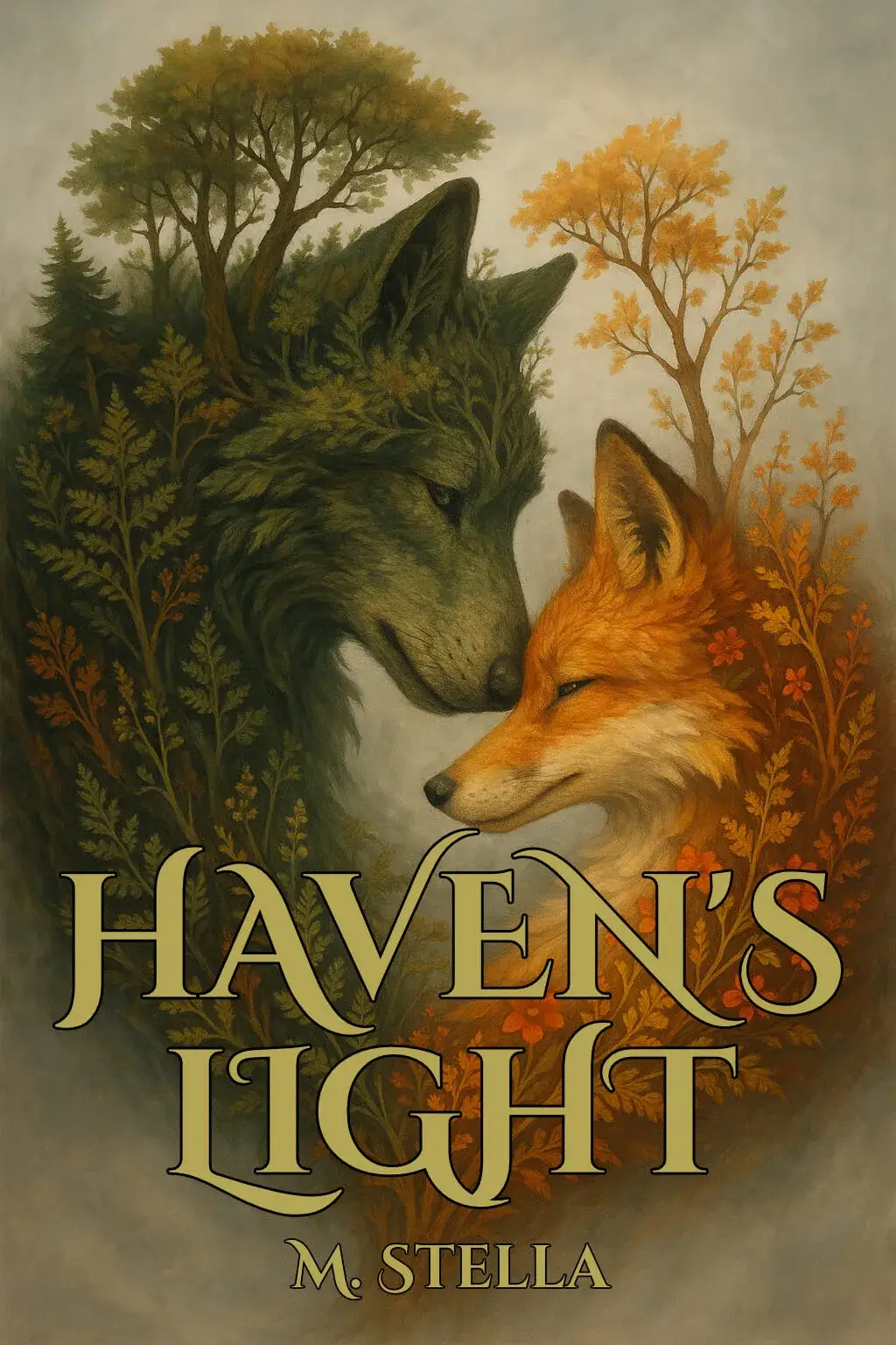 Haven's Light book cover featuring a wolf and fox in an autumn forest setting